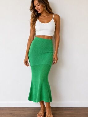 Green Knit Flare Midi Skirt